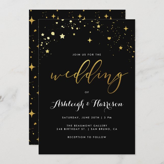 Invitation Classic Black & Gold Star Confetti Mariage (Devant / Derrière)