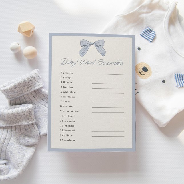 Invitation Classic Blue Bow Baby shower Word Scramble Jeu (Créateur téléchargé)