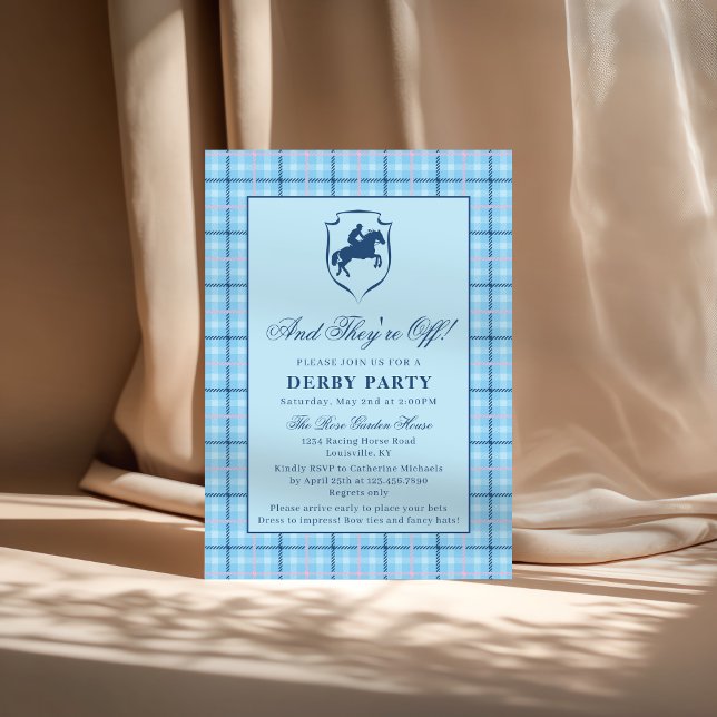 Invitation Classic Blue Plaid Race Horse Crest Derby Party (Créateur téléchargé)