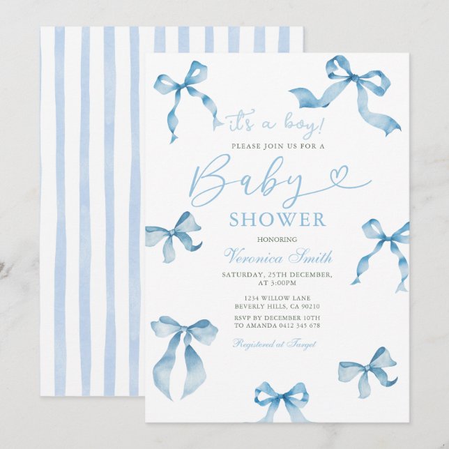 Invitation Classic Blue Ribbon Bow Baby Shower Invite (Devant / Derrière)