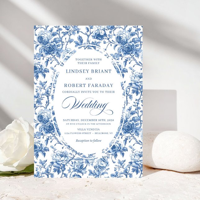 Invitation Classic Blue Toile de Jouy Roses Timeless Wedding  (Classic Blue Toile de Jouy Roses Timeless Wedding Invite)