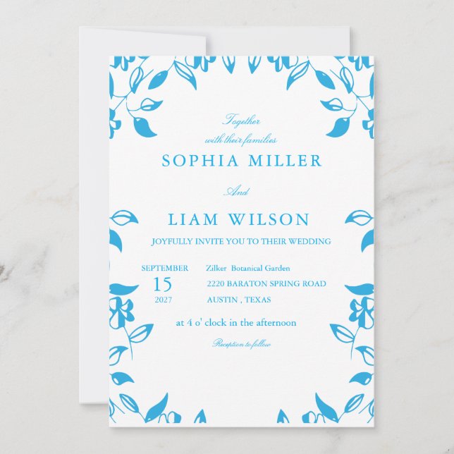 Invitation classic blue  wild flowers wedding invite (Devant)