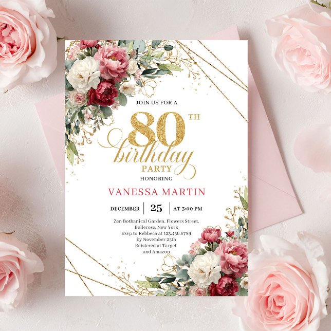 Invitation Classic Blush Burgundy Floral 80th Birthday Invite (Classic Blush Burgundy Floral 80th Birthday Invite)