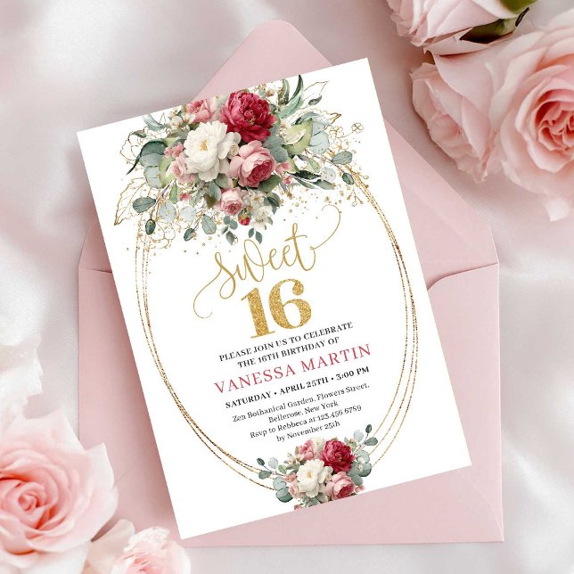 Invitation Classic Blush Burgundy White Sweet Sixteen Invite (Classic Blush Burgundy White Sweet Sixteen Invitation)