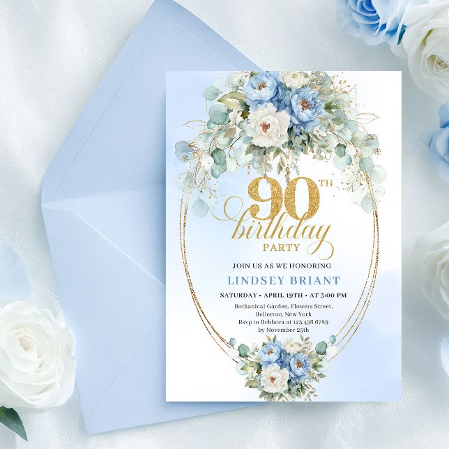 Invitation Classic Bohemian Blue Peonies 90th Birthday Invite (Classic Bohemian Blue Peonies 90th Birthday Invitation)