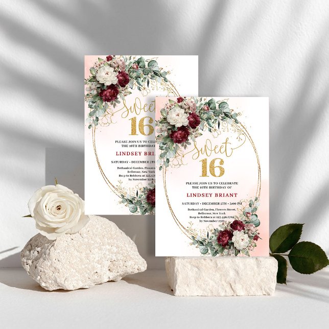 Invitation Classic Bohemian Burgundy Floral Eucalyptus Sweet  (Classic Bohemian Burgundy Floral Eucalyptus Sweet 16)