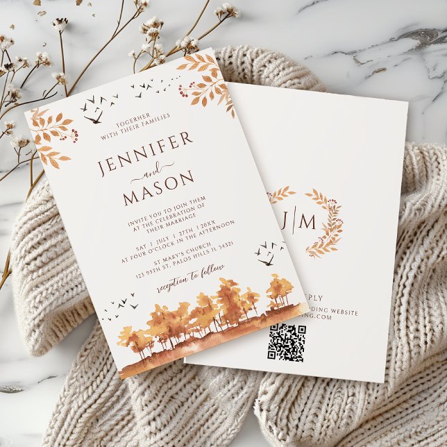 Invitation Classic Brown automne paysage Feuille Mariage QR (Créateur téléchargé)