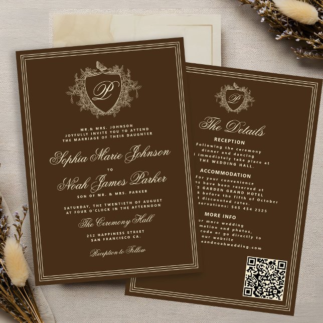 Invitation Classic brown QR code formal monogram wedding  (Créateur téléchargé)