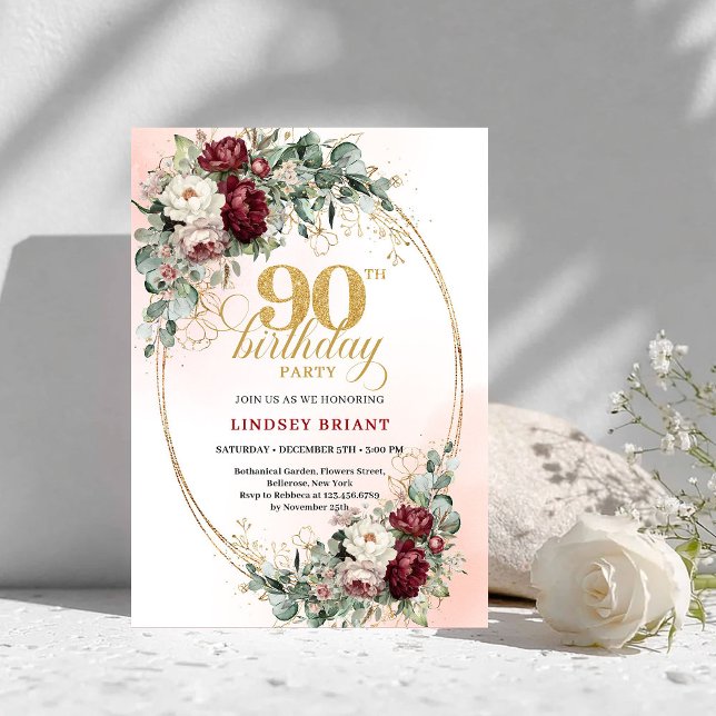 Invitation Classic Burgundy Floral Gold 90th Birthday Invite (Classic Burgundy Floral Gold 90th Birthday Invitation)