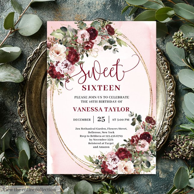 Invitation Classic Burgundy Floral Gold Sweet Sixteen Card (Classic Burgundy Floral Gold Sweet Sixteen Card)