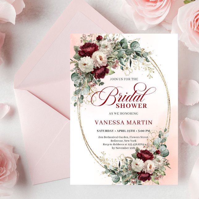 Invitation Classic Burgundy Flowers Gold Bridal Shower Card (Classic Burgundy Flowers Gold Bridal Shower Card

)