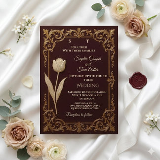 Invitation Classic Burgundy Ivory Gold Baroque Tulips Wedding
