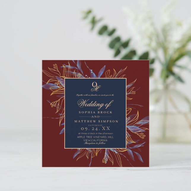 Invitation Classic Burgundy Navy Blue Floral Wedding (Debout devant)