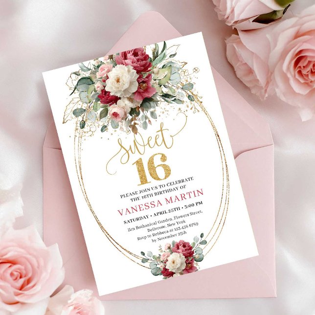Invitation Classic Burgundy Red Floral Sweet Sixteen Invites (Classic Burgundy Red Floral Sweet Sixteen Invitation)