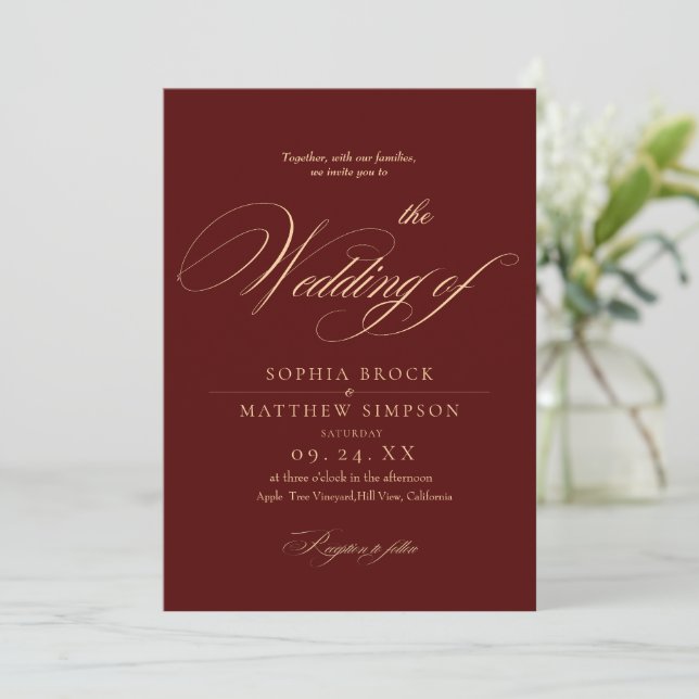 Invitation Classic Burgundy Script Wedding (Debout devant)