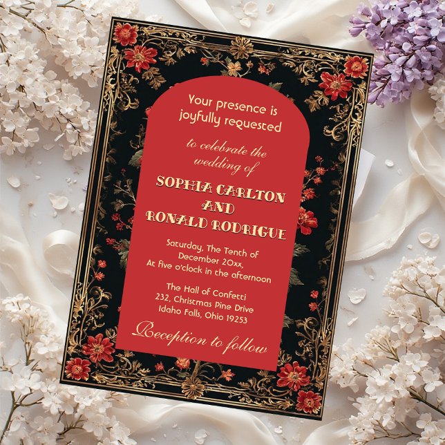 Invitation Classic Christmas Red Chinoiserie Floral Wedding  (Classic Christmas Red Chinoiserie Floral Wedding Invitation)