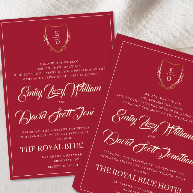 Invitation Classic Crimson Rouge Golden Monogram Whimsical (Créateur téléchargé)