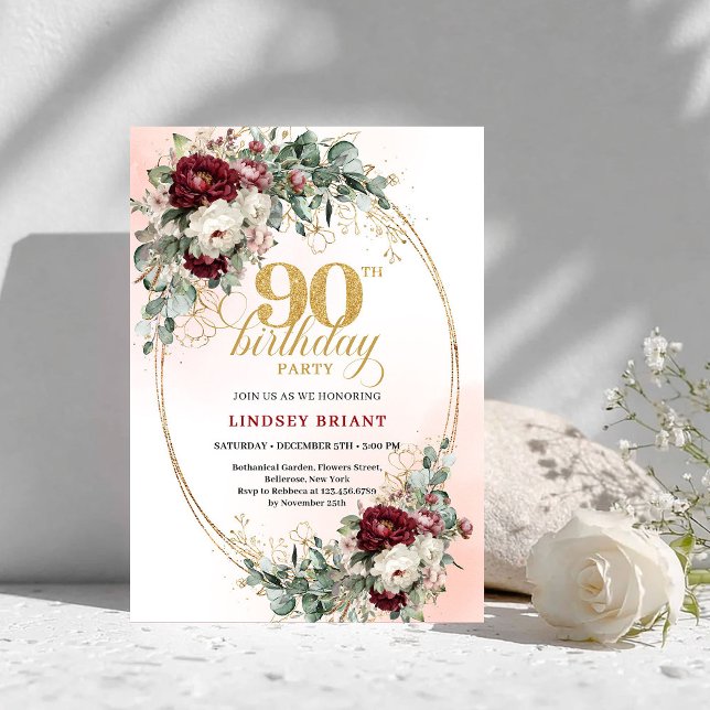 Invitation Classic Deep Red Peonies Gold 90th Birthday Invite (Classic Deep Red Peonies Gold 90th Birthday Invitation)