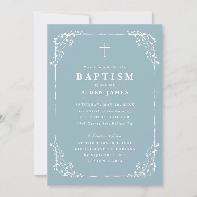 Invitation Classic Dusty Blue Dainty Floral Frame Baptism (Devant)