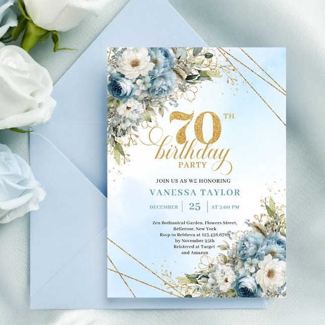 Invitation Classic dusty blue watercolor florals 70 birthday (Classic dusty blue watercolor florals 70th birthday

)