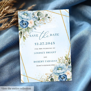 Invitation Classic Dusty Blue White Gold Peony Enregistrer La