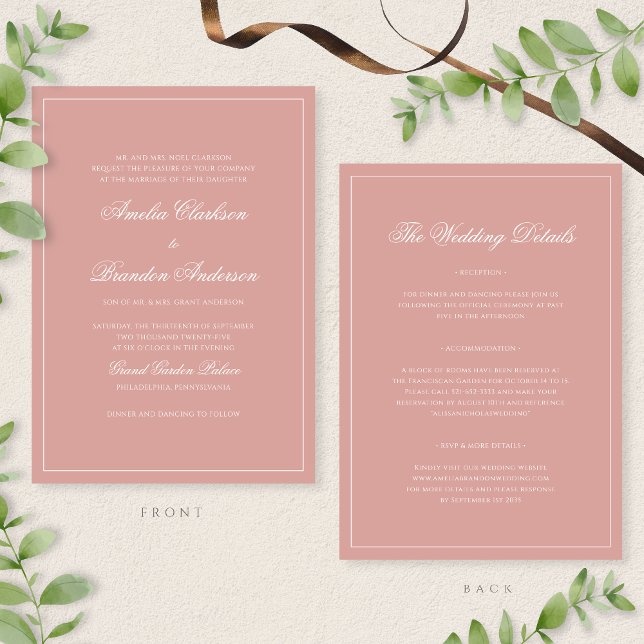 Invitation Classic Dusty Rose Border Script Wedding Details & (Créateur téléchargé)