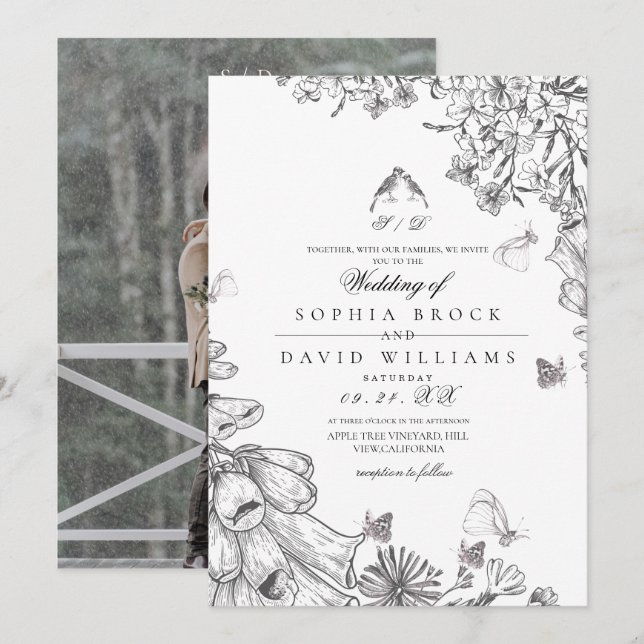 Invitation Classic Elegant Black White Floral Wedding  (Devant / Derrière)