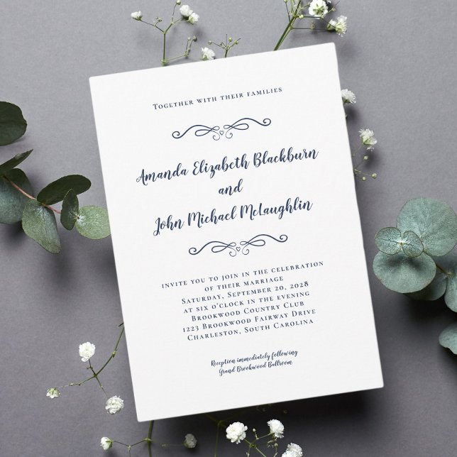Invitation Classic Elegant Bleu Blanc intemporel Mariage form (Classic Elegant Blue White Timeless Formal Wedding Invitation)