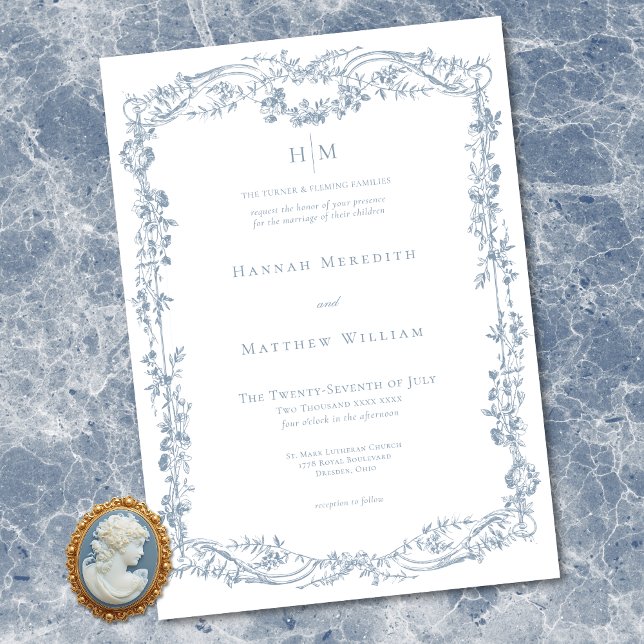 Invitation Classic Elegant Blue Delicate Floral Frame Wedding (Classic Elegant Blue Delicate Floral Frame Wedding Invitation)
