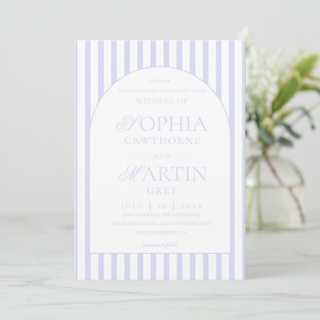 Invitation Classic Elegant Blue Striped Wedding  (Debout devant)