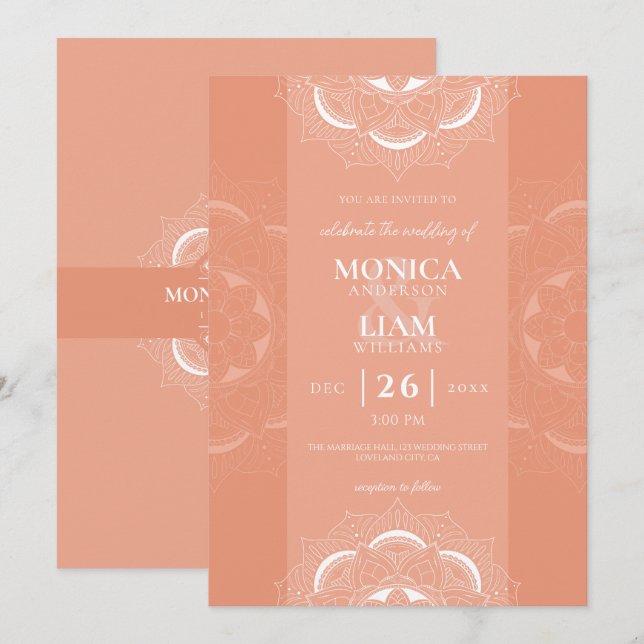Invitation Classic Elegant Boho Mandala Ornate Coral Mariage (Devant / Derrière)