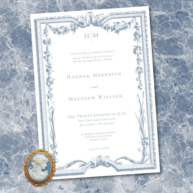 Invitation Classic Elegant Dusty Blue Floral Frame Wedding (Classic Elegant Dusty Blue Floral Frame Wedding Invitation)