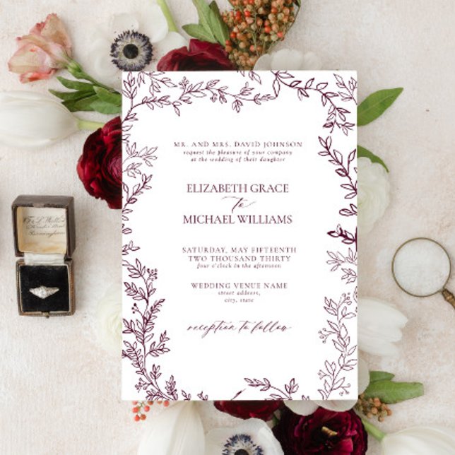 Invitation Classic Elegant Formal Bourgogne Mariage Leafy (Créateur téléchargé)