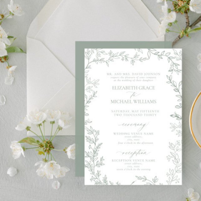 Invitation Classic Elegant Formal Sage Vert Mariage Feuilleté (Créateur téléchargé)