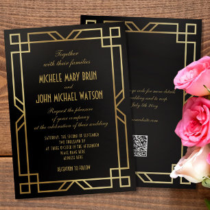 Invitation Classic Elegant Gold Noir QR Mariage RSVP