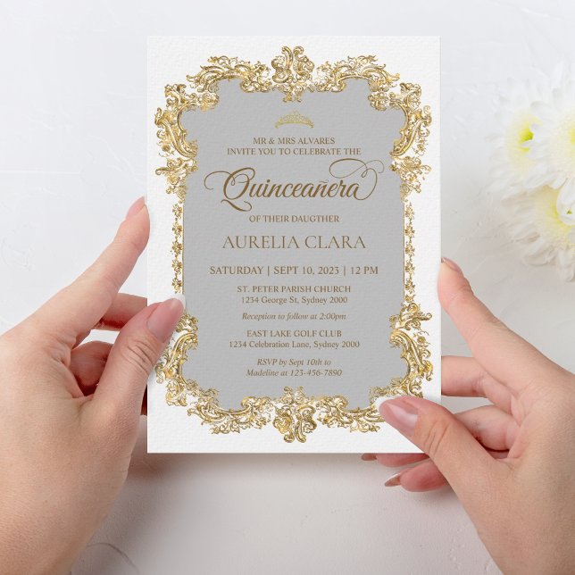 Invitation Classic Elegant Ivoire Blanc Or Tiara Quinceanera (Créateur téléchargé)