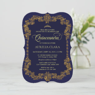 Invitation Classic Elegant Marine Bleu Or Tiara Quinceanera