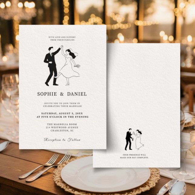 Invitation Classic Elegant Minimalist Hand Drawn Line (Illustrated Wedding Invitation Template | Hand drawn Fun Invite | Double Sided Editable)