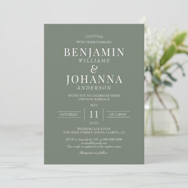 Invitation Classic Elegant Moss Green Mariage (Debout devant)