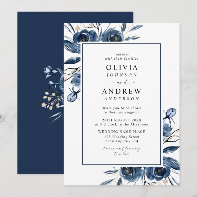 Invitation Classic Elegant Navy Blue Watercolor Wedding (Devant / Derrière)