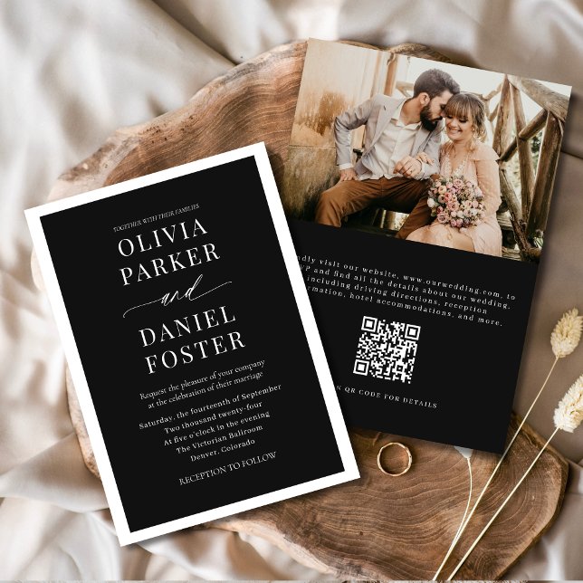 Invitation Classic Elegant noir QR Code Mariage photo (Créateur téléchargé)