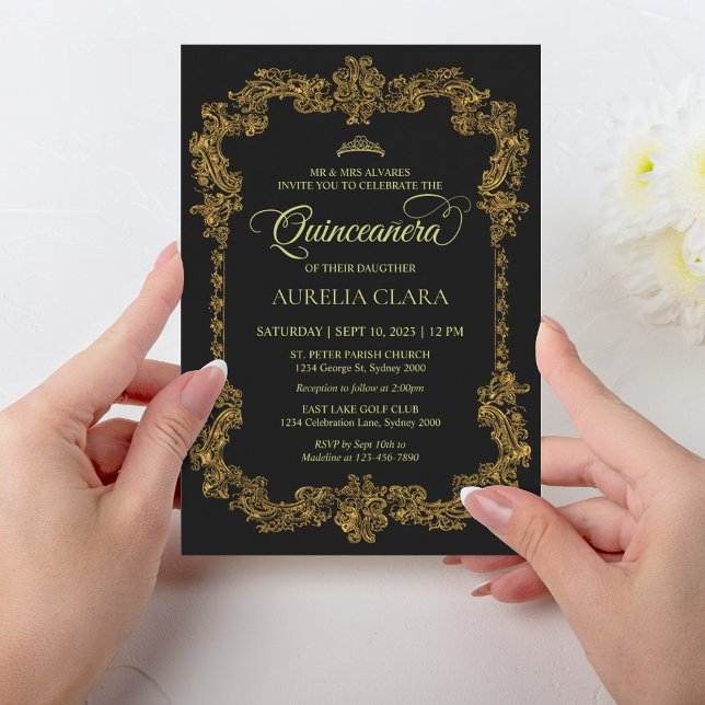 Invitation Classic Elegant Noir Tiara Quinceanera (Créateur téléchargé)