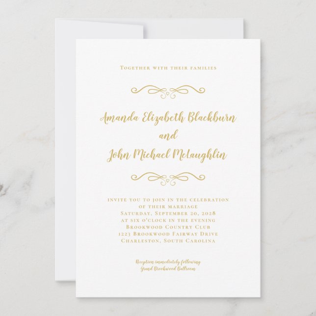 Invitation Classic Elegant or blanc intemporel Mariage formel (Devant)