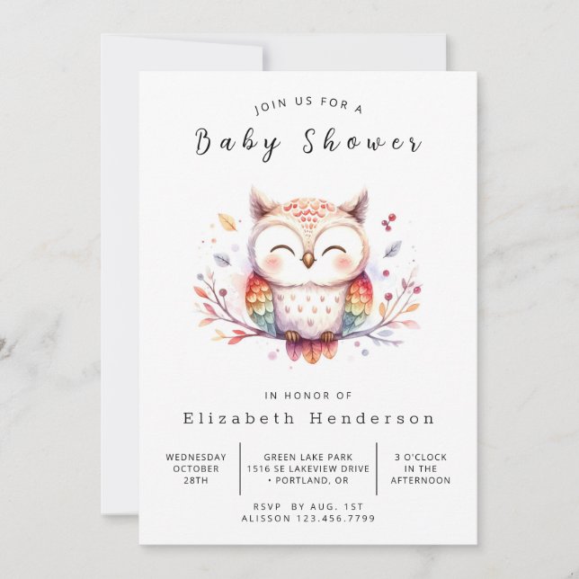 Invitation Classic Elegant Owl Baby shower (Devant)