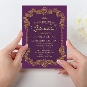 Invitation Classic Elegant Purple Gold Tiara Quinceanera