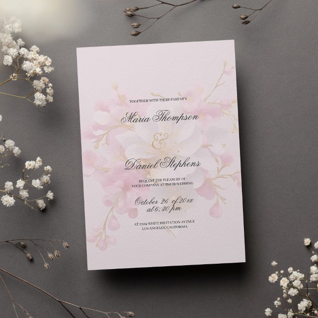 Invitation Classic élégant rose blanc or mariage (Classic elegant pink white gold floral wedding)