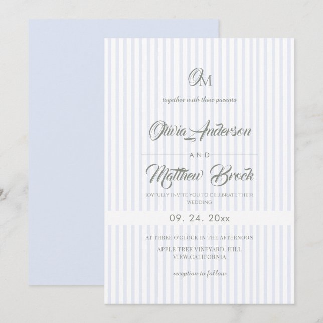 Invitation Classic Elegant Sage & Blue Stripe Wedding (Devant / Derrière)
