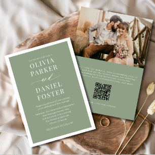 Invitation Classic Elegant Sage Green Photo QR Code Mariage