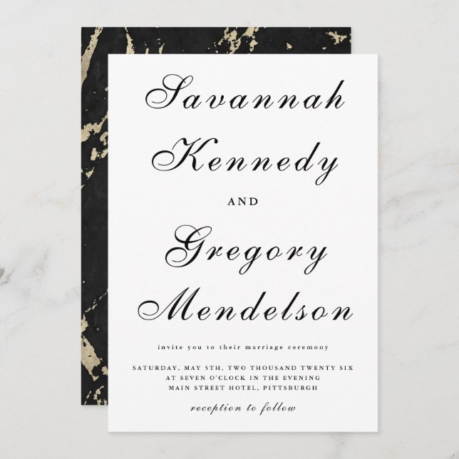 Invitation Classic et Elégant Faux Gold Marble Mariage (Devant / Derrière)