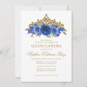 Invitation Classic Floral Royal Blue Gold Tiara Quinceañera